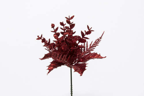 8in Glitter Holly Fern Boxwood Pick (Bag of 12) - Red