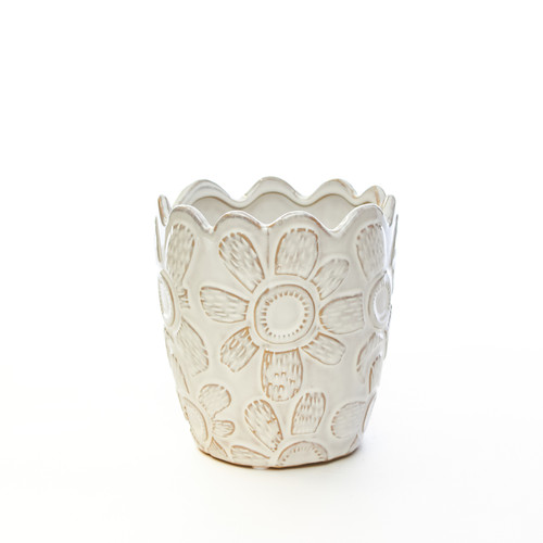 5.2in Wide Daisy Ceramic Pot - Coffee Cream