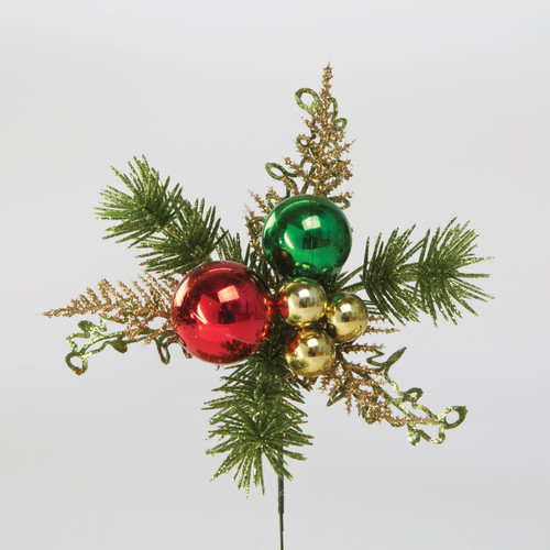 8in VP Ball Glitter Cedar Pine Fern Pick (Bag of 12) - Multi Red Gold Green