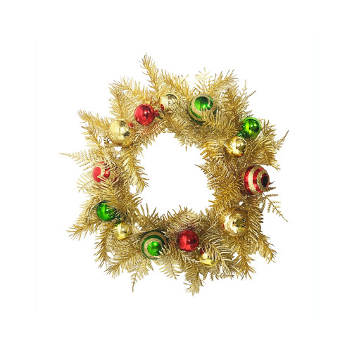 13in Wide Glitter Ball Wreath - Red Gold Green