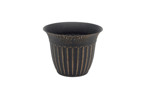 8.5in Wide Fluted Plastic Pot with Floral Relief - Black & Gold
