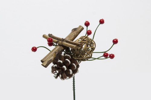 8in Mixed Wood Wreath Pick with Red Berries & Pine Cone (12pk)