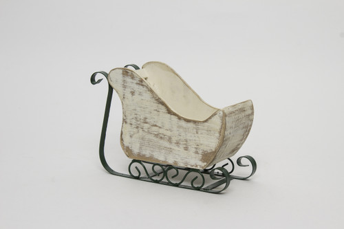 9in Long Wood Sleigh Planter with Metal Runners - Distressed White