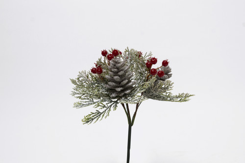 8in Frosted Juniper Wreath Pick with Berries & Pine Cone (12pk)