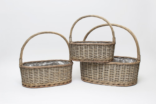 18in Long Oval Deep Baskets with Sewn Liner - Greywash (Set of 3)