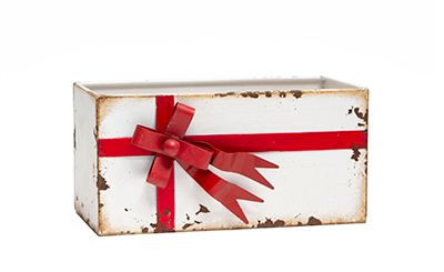 9in Long Gift Box Rectangular Tin Pot Cover - Antique White & Red