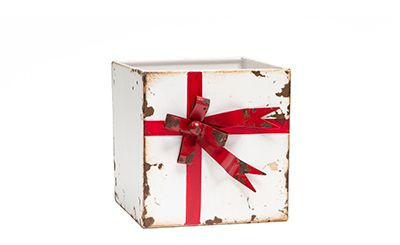 5in Wide Gift Box Cube Tin Pot Cover - Antique White & Red