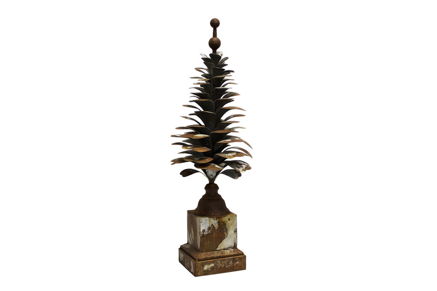 21in Tall Rusted Metal Pine Cone on Pedestal
