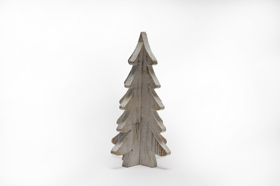 10.5in Tall Wood 3D Tree with Glitter - Distressed White