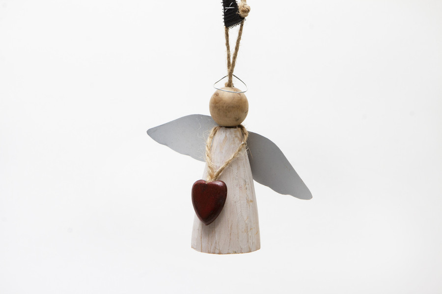 4in Wood Angel Ornament with Heart Necklace & Jute Hanger