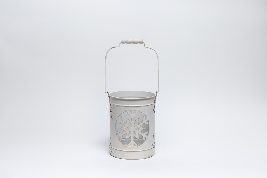 7in Wide Snowflake Luminaria Tin Pot Cover - Distressed White