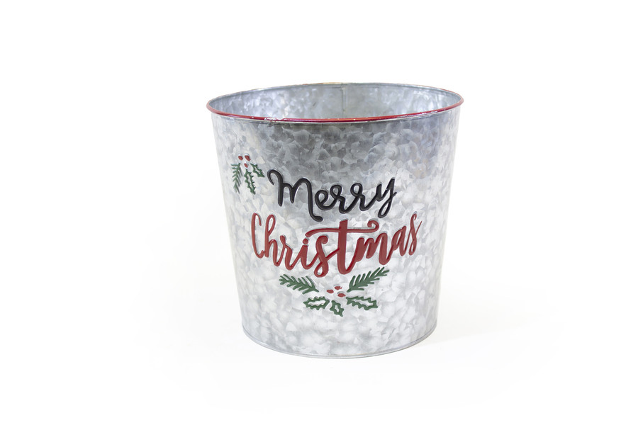 8in Wide "Merry Christmas" Tin Pot Cover - Red & Green