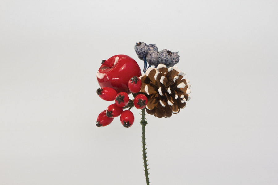 7in Mixed Berry Wreath Pick with White Tipped Pine Cone (12pk)