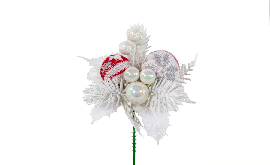 8in Glitter Holly Wreath Pick with Mixed Ornaments - Iridescent White (12pk)