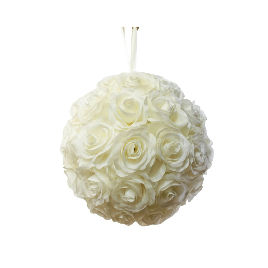 8in Rose Ball with Ribbon Hanger - Cream White