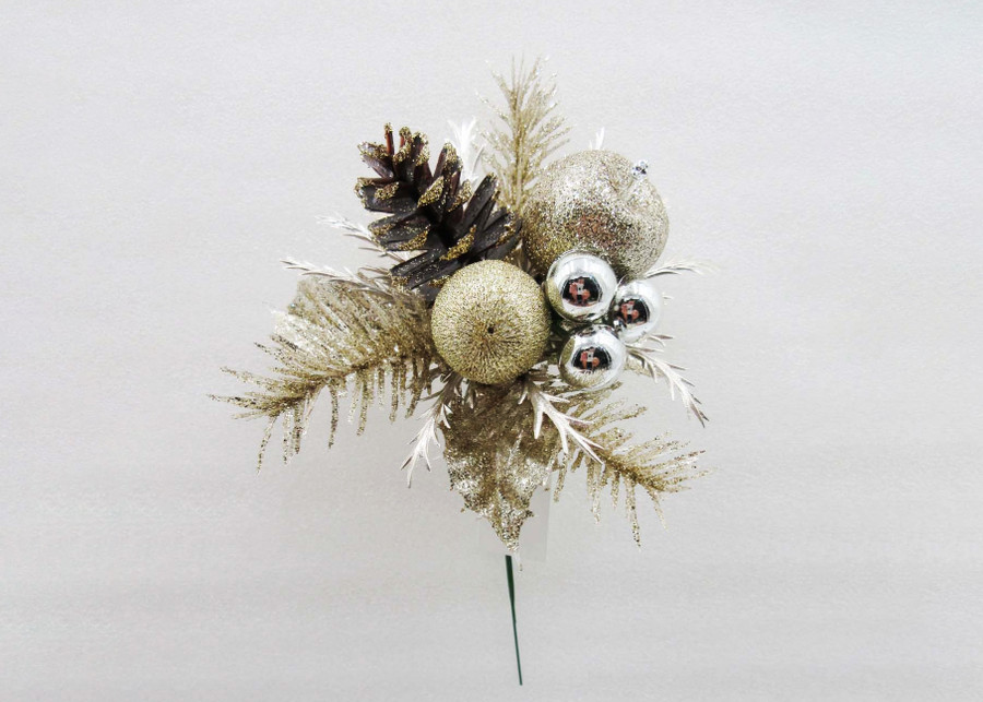 8in Glitter Pine Wreath Pick with Ornaments, Apple, & Pine Cone - Champagne (12pk)