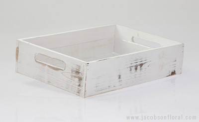 13in Long Wood Tray with Handles - Distressed White