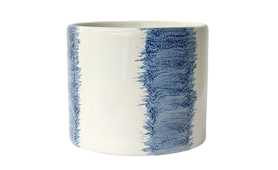 5.2in Wide Surf Cylinder Ceramic Pot - White & Blue