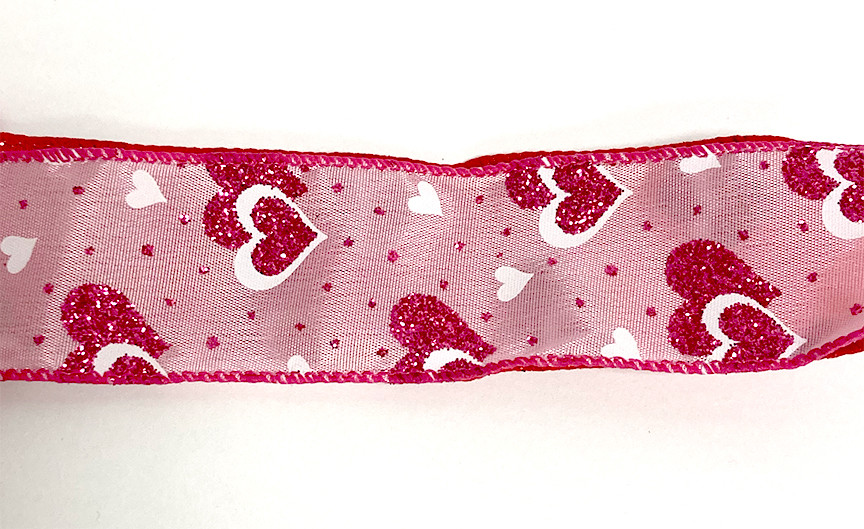 #9 Pink Satin Dot Hearts Vday Ribbon - Wired Edge (20yd)