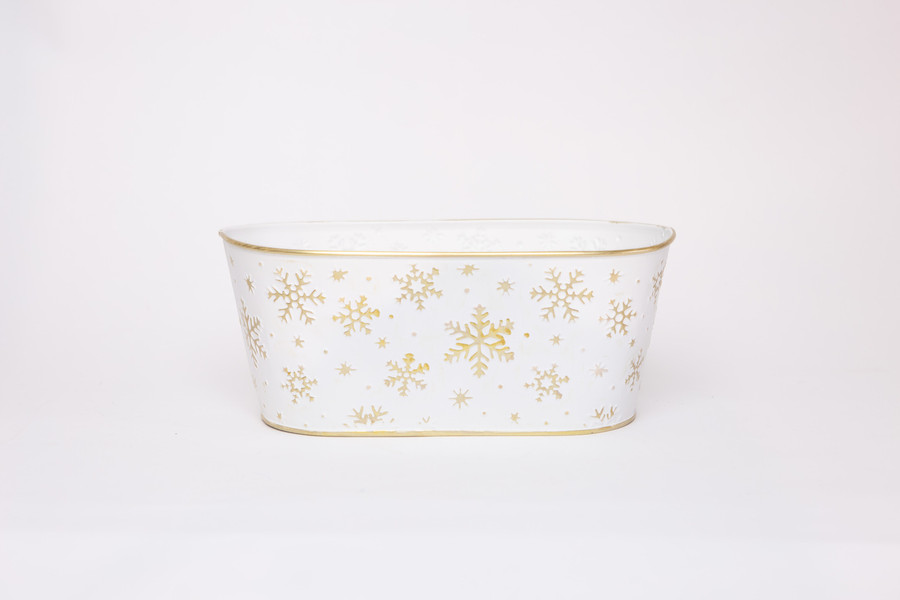 9.5in Long Snow Storm Oval Tin Pot Cover - White & Gold