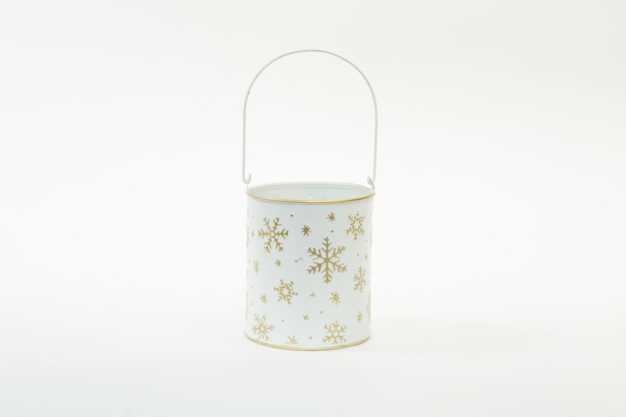 4.5in Wide Snow Storm Tin Bucket with Handle - White & Gold