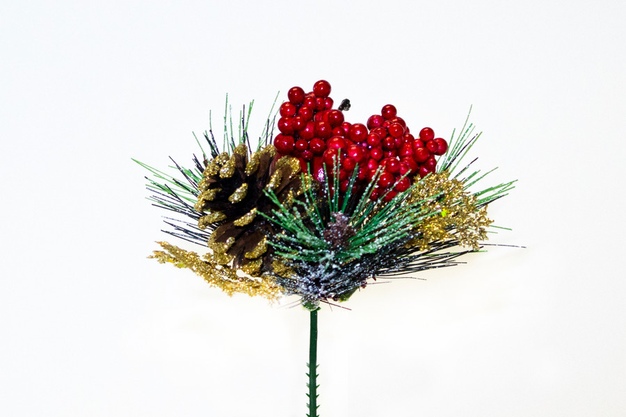 8in Glitter Cedar Wreath Pick with Apple, Berries & Pine Cone (12pk) - Gold