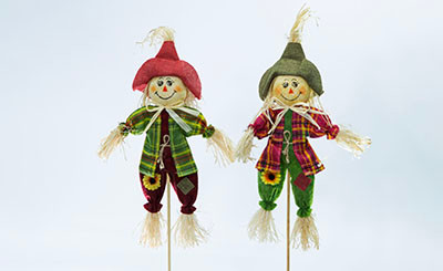 16in Tall Assorted Fall Scarecrows on Poles - Burgundy & Green