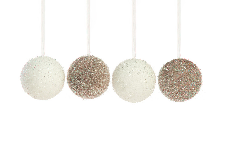 4in Eyelash Ball Ornament - White Champagne (Set of 2)
