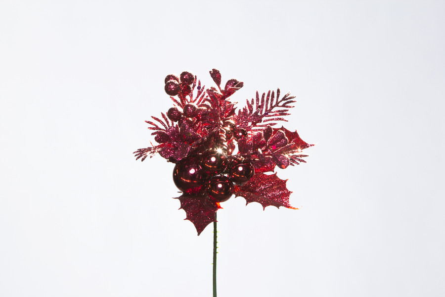 Mixed Glitter Holly Wreath Pick with Ornaments - Burgundy (12pk)