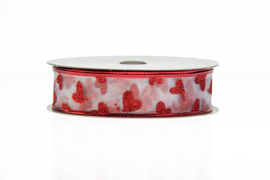 #9 Red Glitter Hearts on White Sheer WE Ribbon (50yd) - White Red