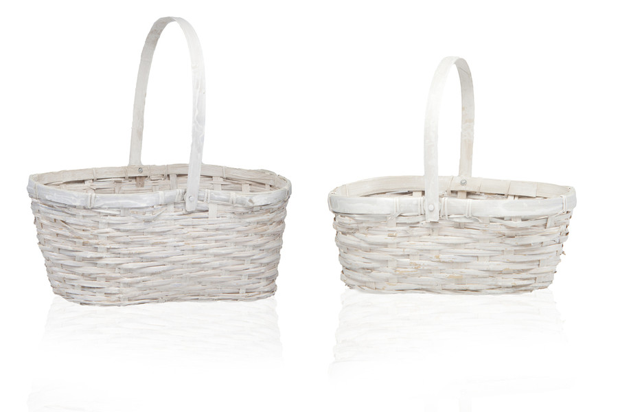 10in Long Bamboo Fern Peanut Basket with Drop Handle - White Washed