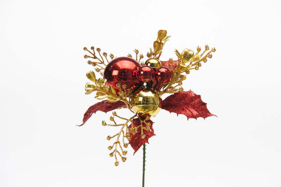 7in Glitter Holly Boxwood Pick (Bag of 12) - Red Gold