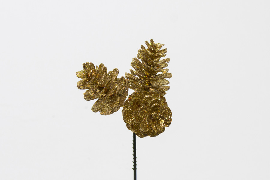 8in Faux Glitter Pine Cones x3 (Bag of 12) - Gold