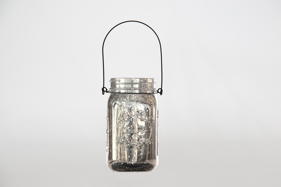 6.5in Tall Mercury Glass Mason Jar with Hanger - Silver