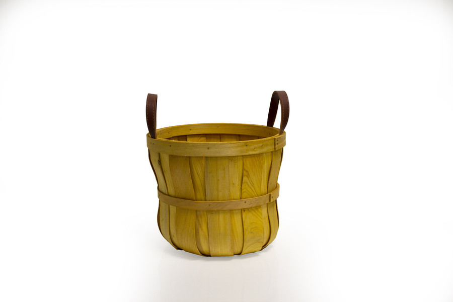 8in Wide Woodchip Basket with Leather Handles - Brown