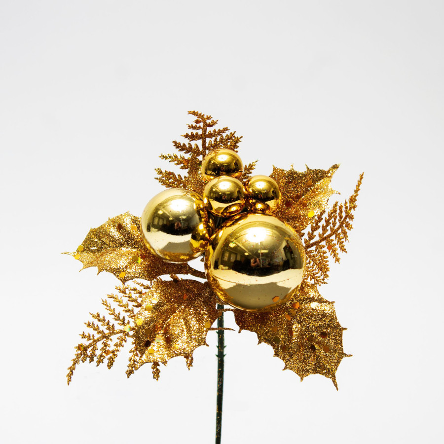 8in EP Ball Glitter Holly Fern Pick (Bag of 12) - Gold
