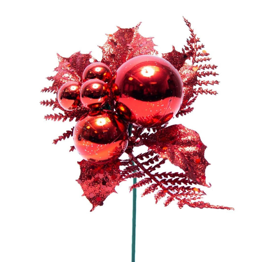 8in EP Ball Glitter Holly Fern Pick (Bag of 12) - Red