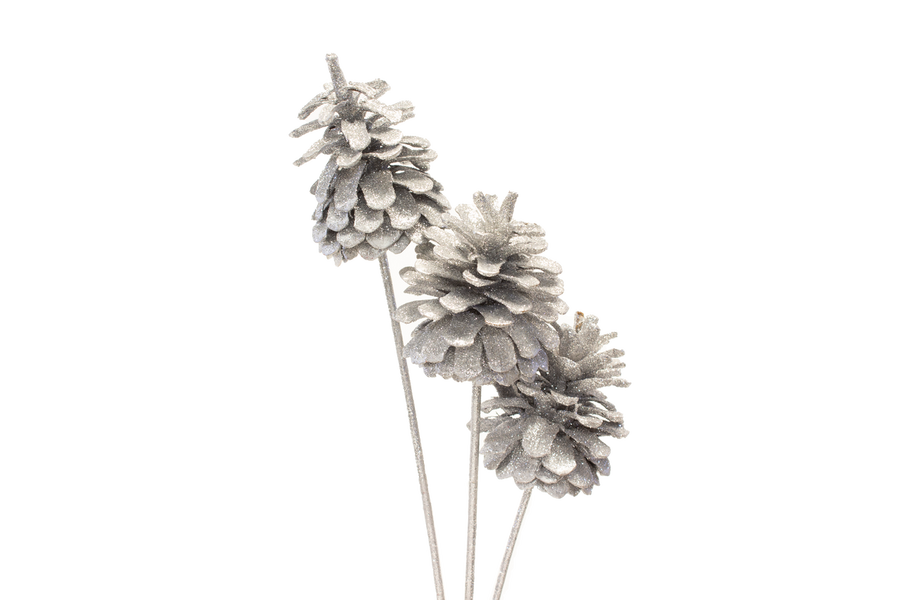 2.5in Glitter Pine Cone on 17in Stem (Bag of 3) - Silver