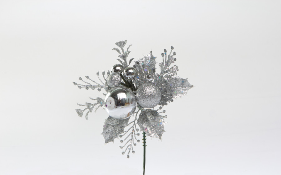 7in Glitter Boxwood Statice Ball Pick (Bag of 12) - Silver