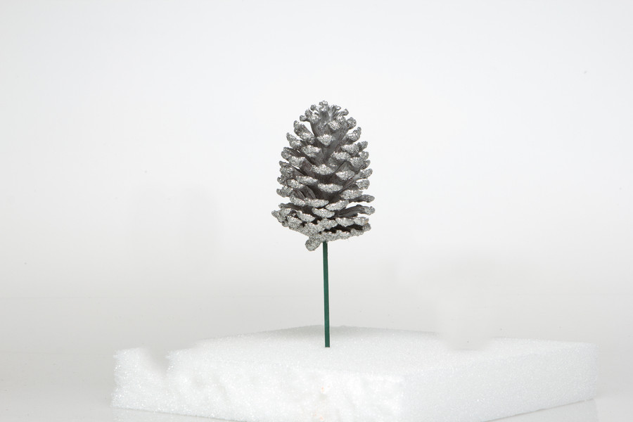 6in Glitter Pine Cone Pick (Box of 50) - Silver Metallic