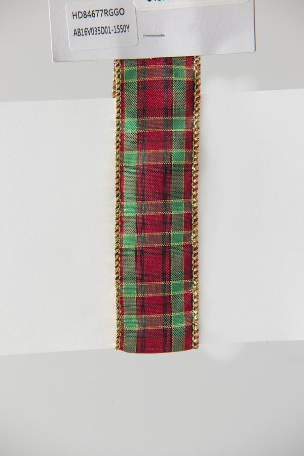 #9 Value Sheer Metallic WE Ribbon (50yd) - Plaid Red Green Gold