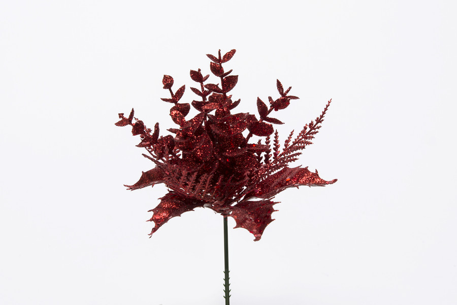8in Glitter Holly Fern Boxwood Pick (Bag of 12) - Red