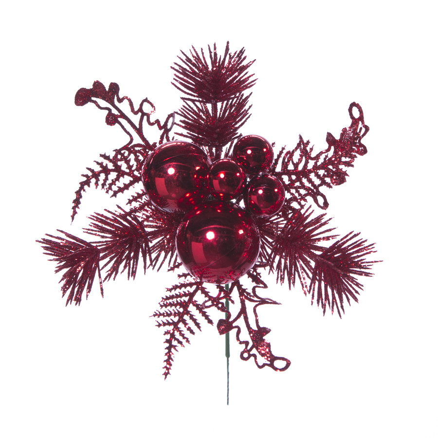 8in VP Ball Glitter Cedar Pine Fern Pick (Bag of 12) - Red