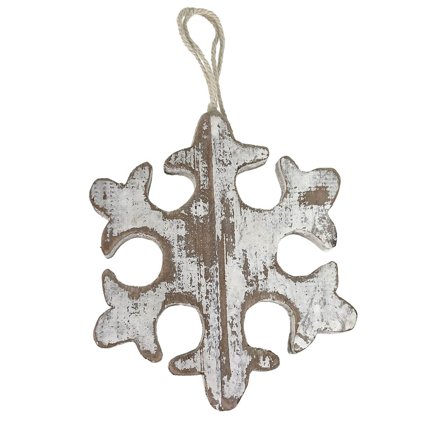 6in Wide Wood Snowflake with Jute Hanger - Distressed White