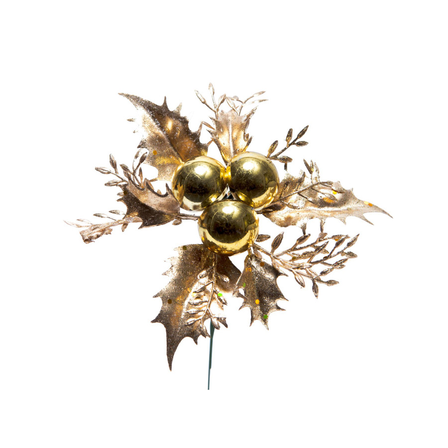 8in Long Ball x3 With Holly Leaf (Bag of 12) - Gold