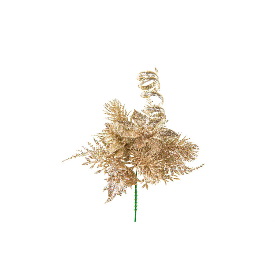 8in Long Glitter Poinsettia Cone Holly Fern Pick - Champagne