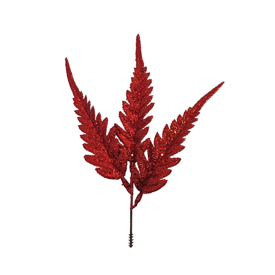 12in Long Glitter Fern Spray (Bag of 12) - Red