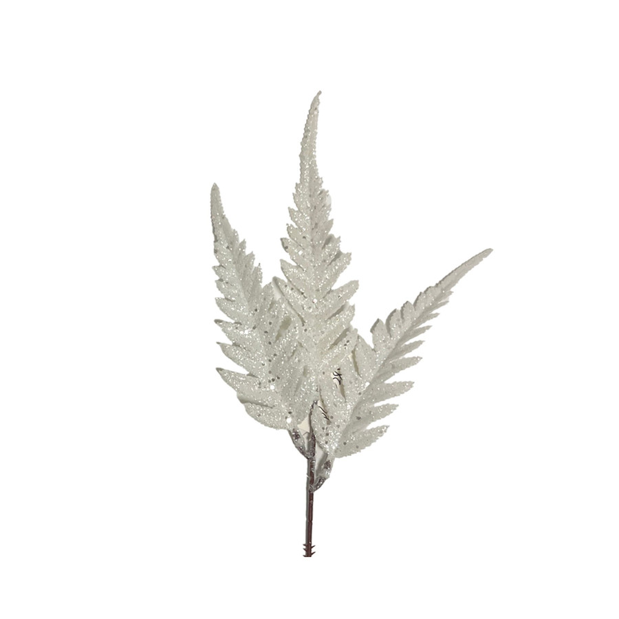 12in Long Glitter Fern Spray (Bag of 12) - White