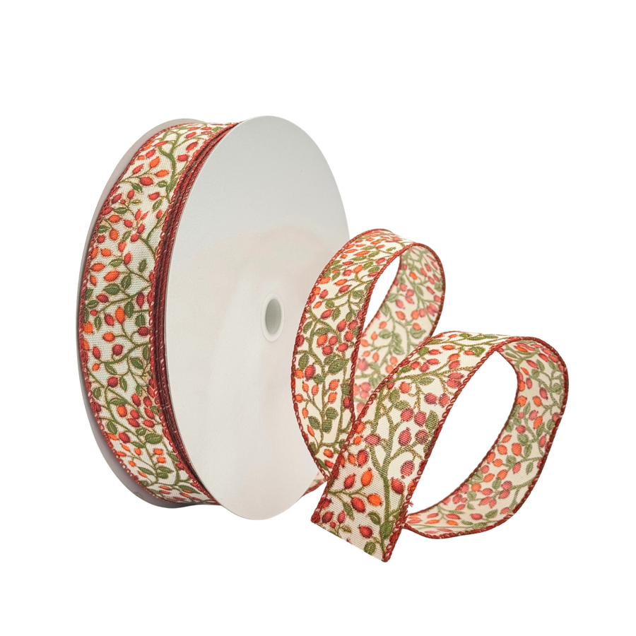 #9 Fall Ribbon Glitter Berries & Branches - Wired Edge (50YD)
