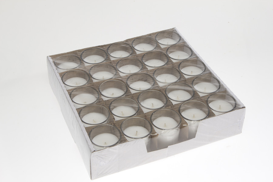 Round Glass Party Votives - 10hr, White (25 Tray)